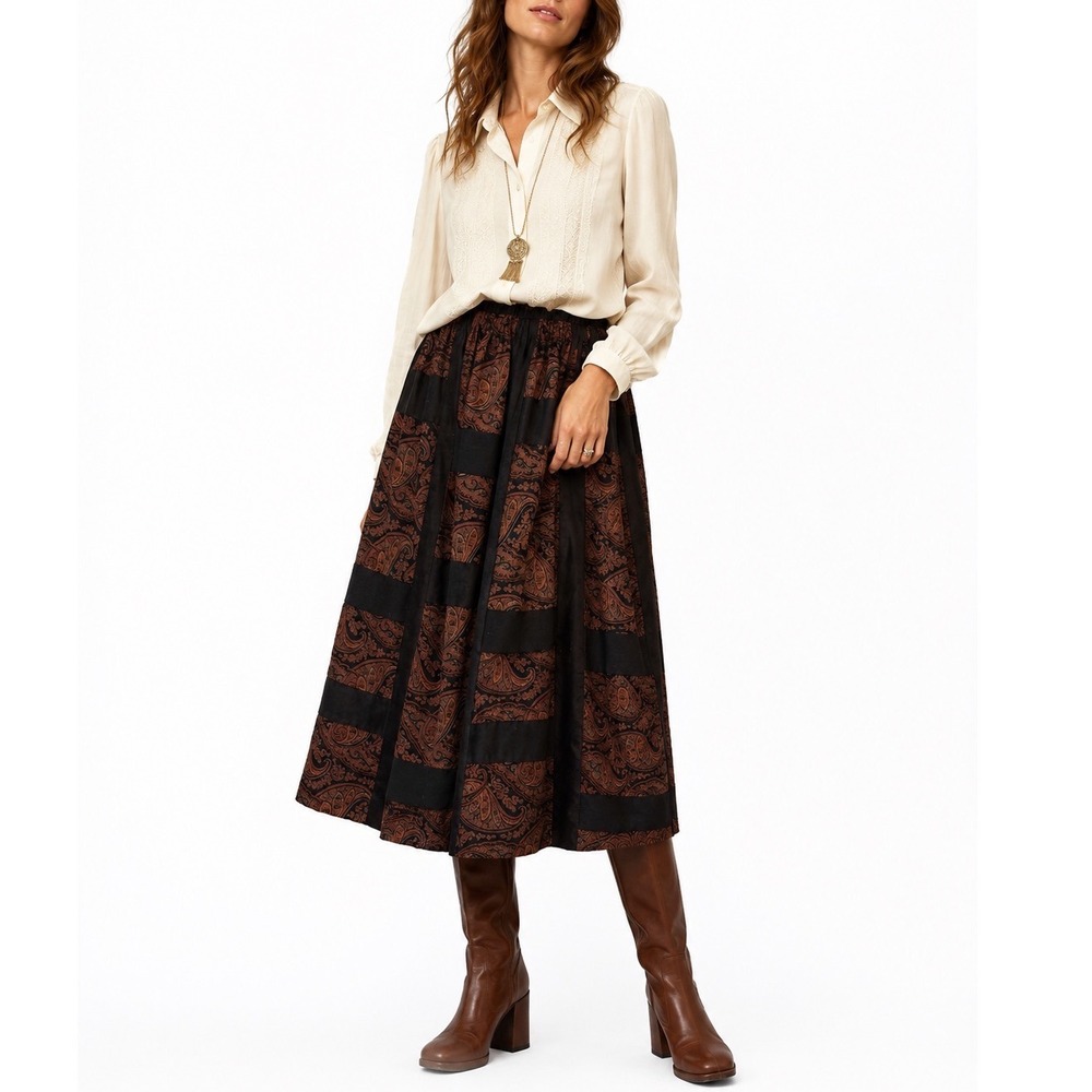 Mr Hank Skirt Small Black Brown Paisley Velvet Patchwork Vintage Midi A-Line